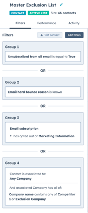 HubSpot Exclusion List Active List Filters Example